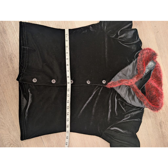 Y2K Whimsigoth Black Velvet Cardigan Jacket | Red Fur Collar Gothic Coquette L - Picture 7 of 8